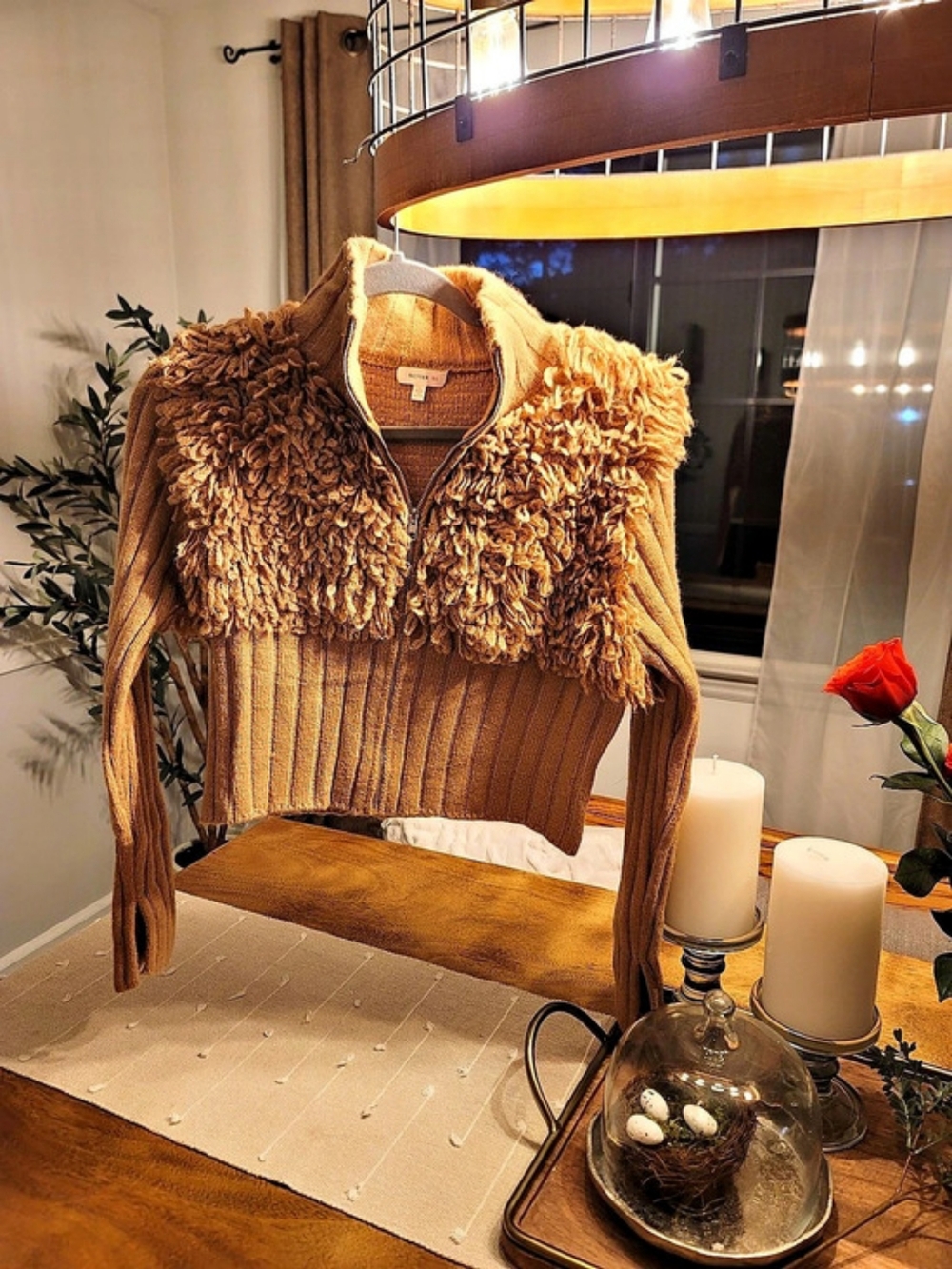 Womens Better Be Brown Textured Shag Zip Sweater Like New, Sz M